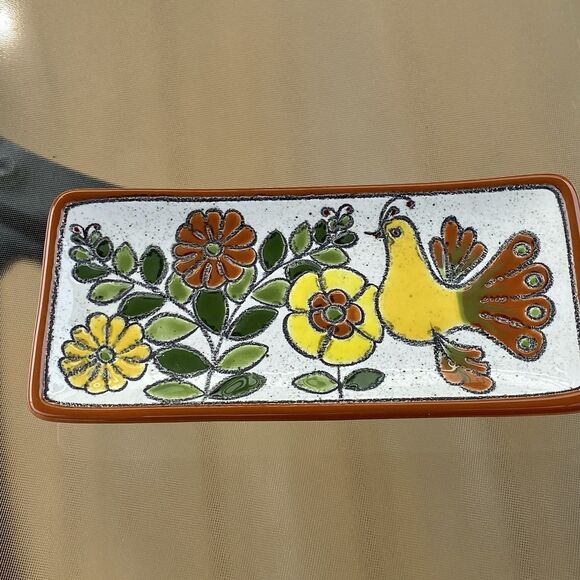 Vintage Eduardo Vega Pottery Bird with Flowers Tray Spoon Rest - Picture 2 of 12